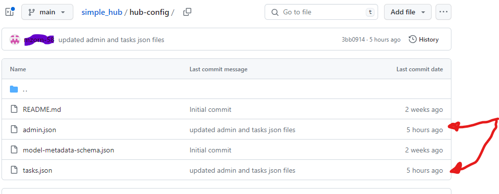 Screenshot of GitHub repository page with arrows pointing at the time of last commits