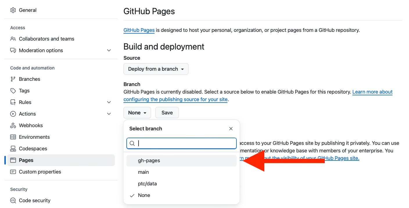 screenshot of the "Build and Deployment" section of the pages setting. There are two sub-headings that say "source" and "branch". The Source heading has a dropdown that is selected to "Deploy from a branch". The Branch heading shows a dropdown with , , , and  as options for the "branch" dropdown. A red arrow is pointing to the  option, which is highlighted.