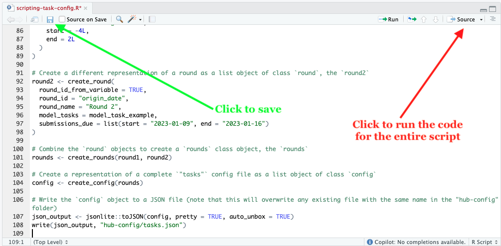 Screenshot for saving and running the `scripting-task-config` script in RStudio