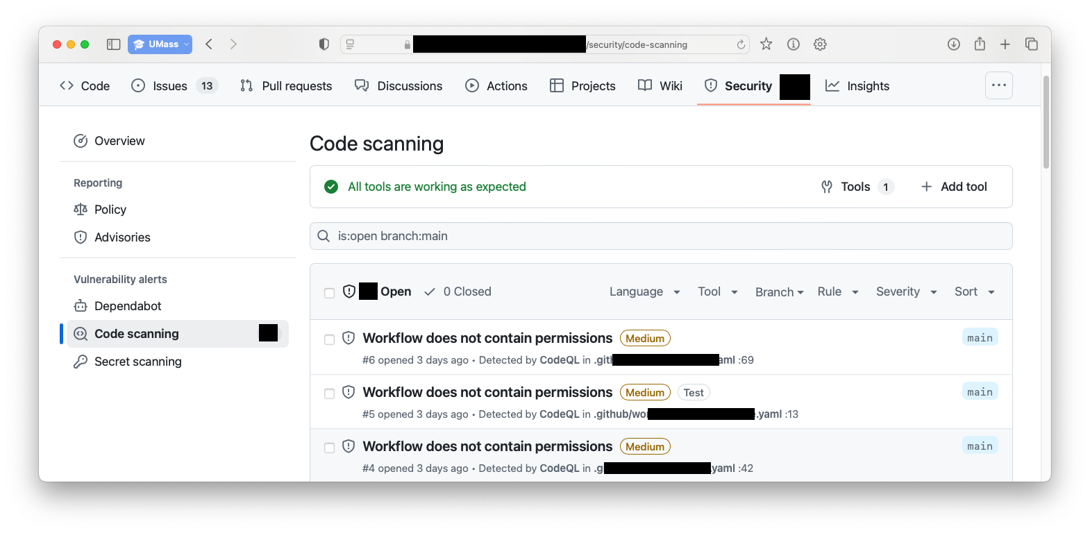 screenshot of a github repo code scanning page showing 30 alerts, with the first three being "Workflow does not contain permissions" with Medium severity