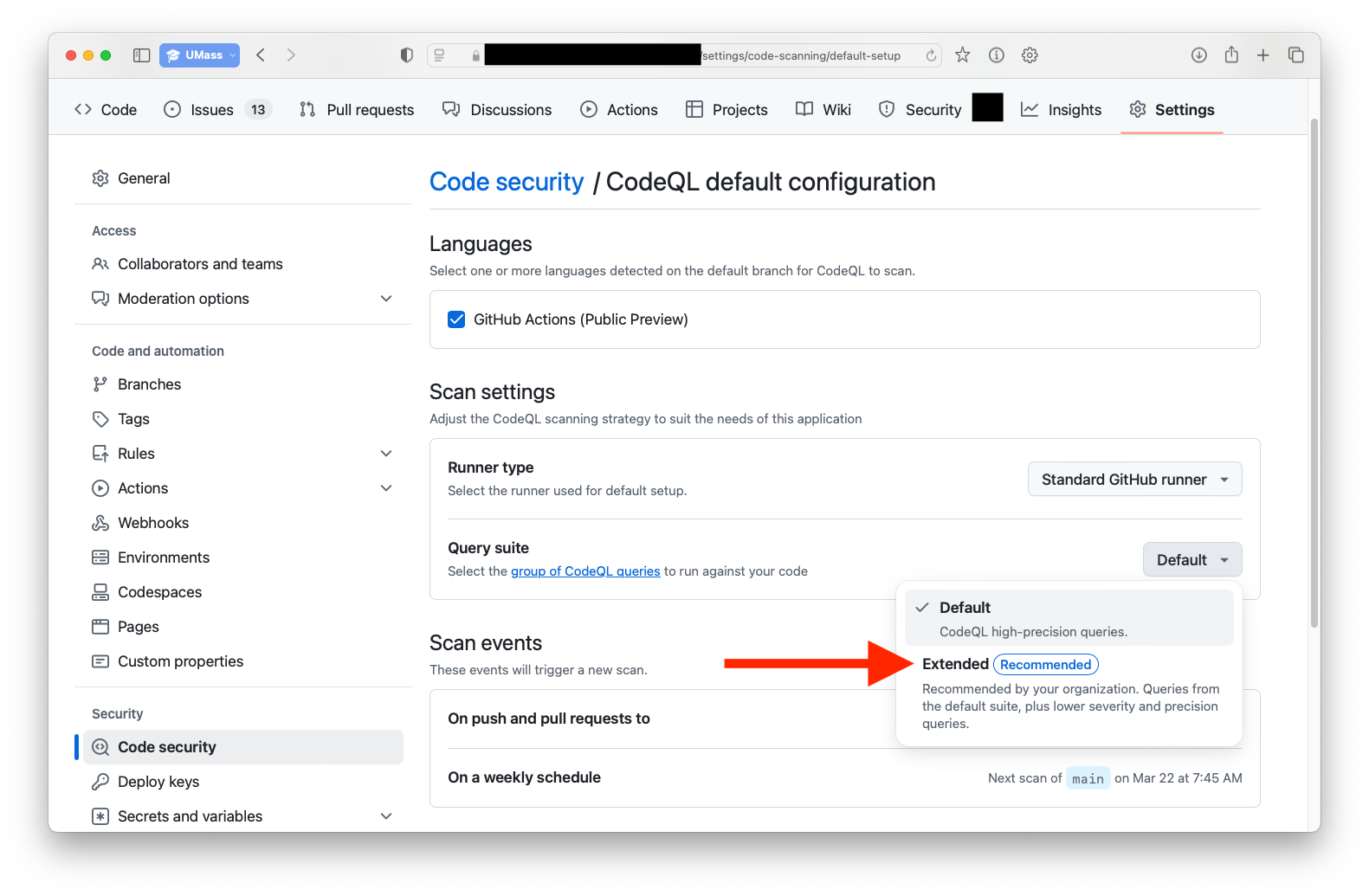 GitHub screenshot showing the CodeQL configuration having the default setup