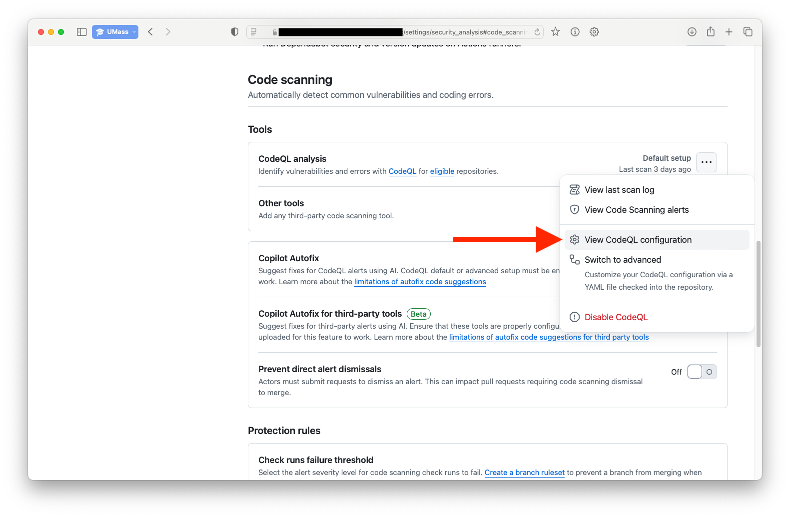 GitHub screenshot showing the code scanning section described above with a box that says "CodeQL analysis" and a expanded menu item showing the selected item as "View CodeQL configuration"