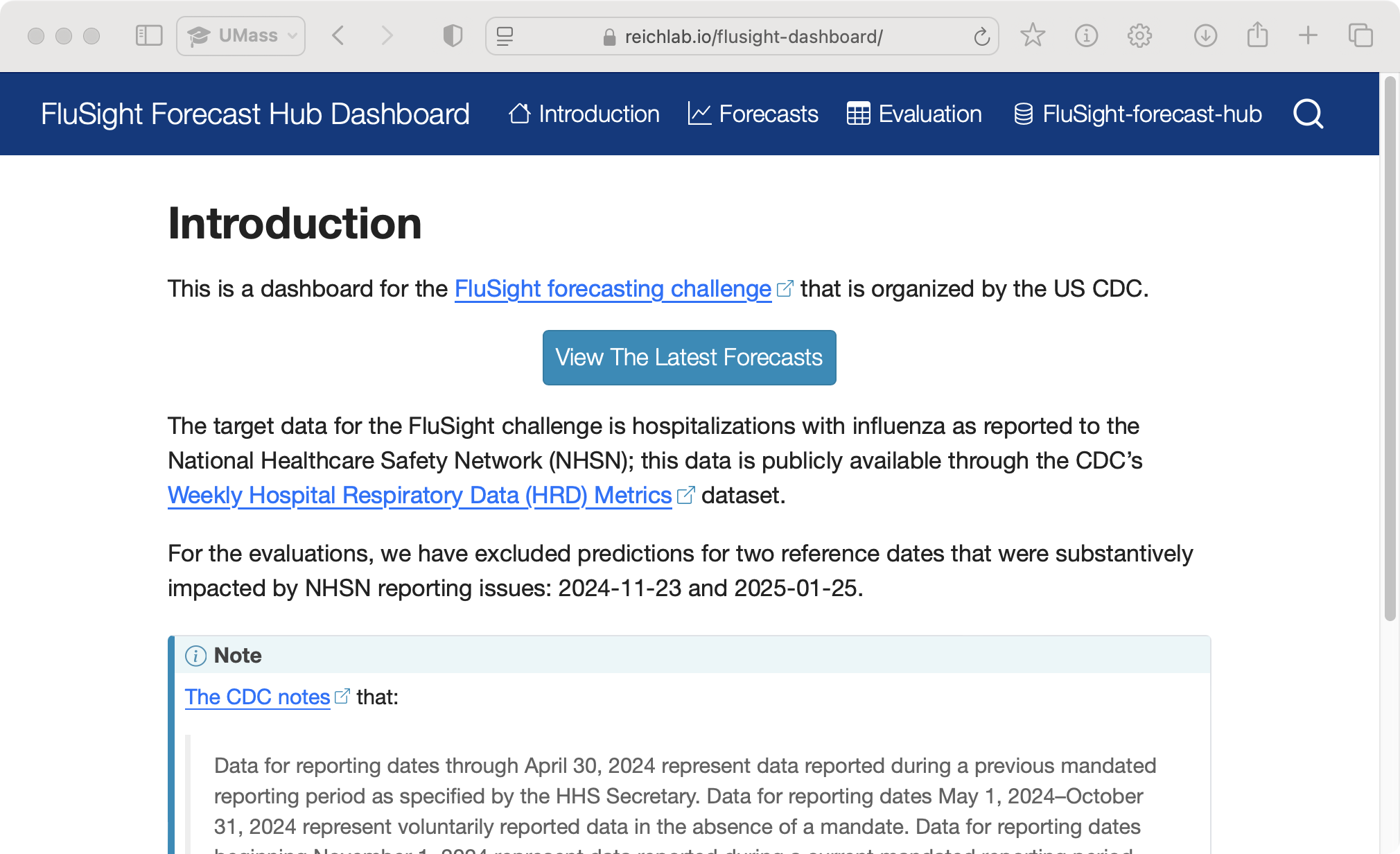 screenshot of FluSight forecast hub dashboard home page