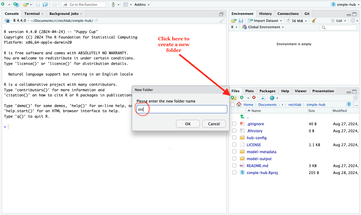 Screenshot for creating a new folder in RStudio called "src", as described in the text.
