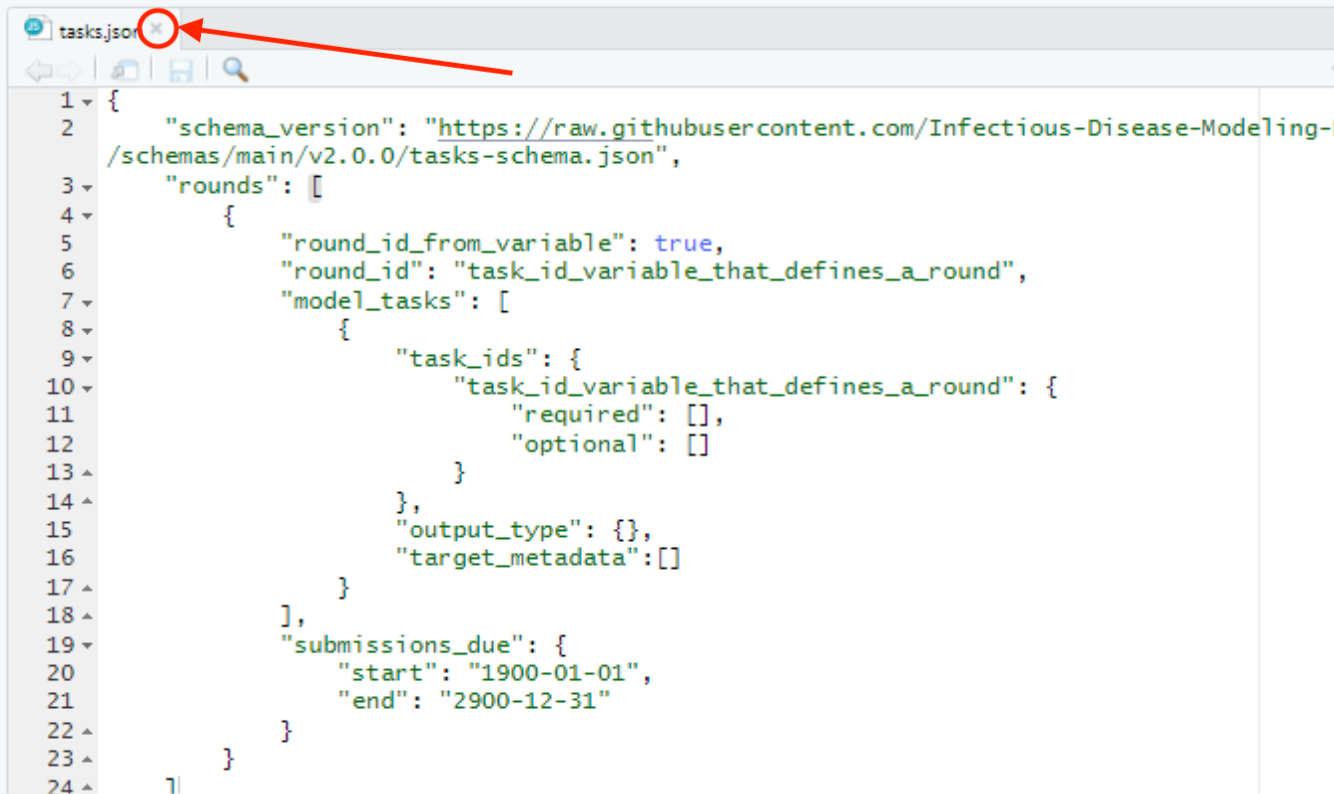 Screenshot of how to close tasks.json file in RStudio